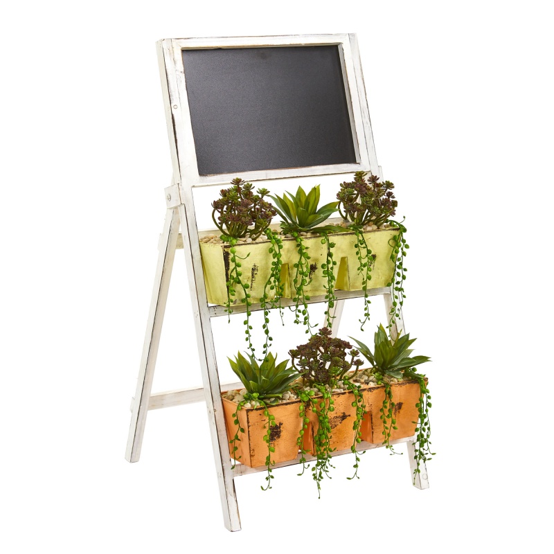 31” Mini Agave & Succulent Artificial Plant In Farmhouse Stand With Chalkboard