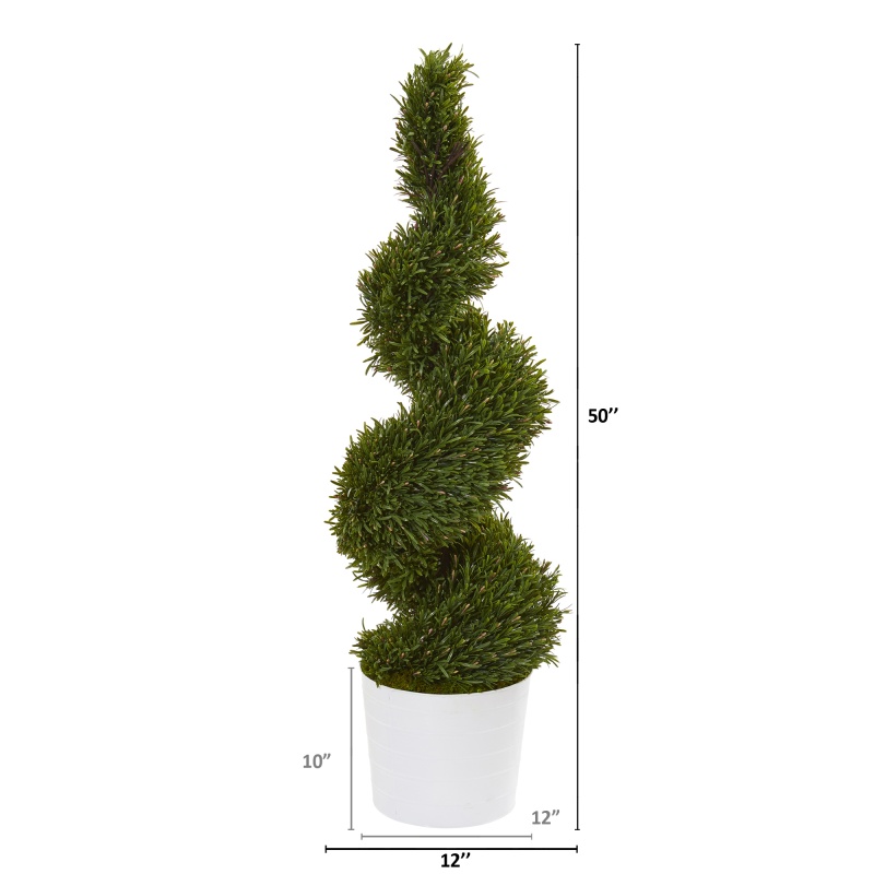 50” Rosemary Spiral Topiary Artificial Tree In White Planter (Indoor/Outdoor)
