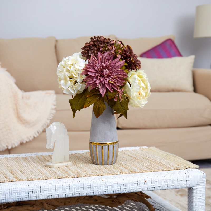 17” Peony, Hydrangea And Dahlia Artificial Arrangement In Stoneware Vase With Gold Trimming