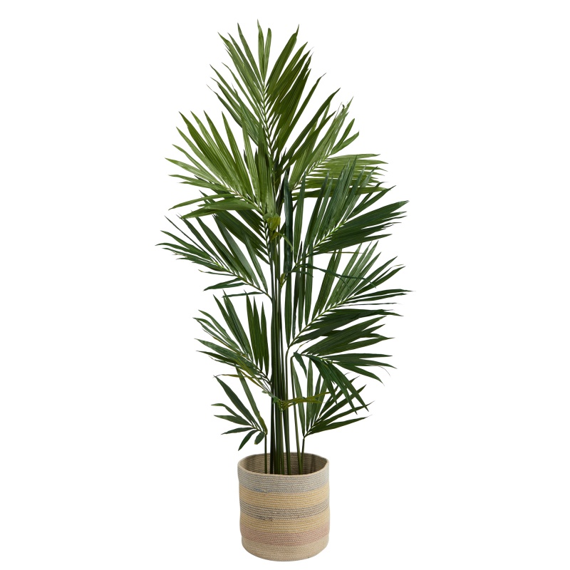 7’ Kentia Artificial Palm In Handmade Natural Cotton Multicolored Woven Planterr