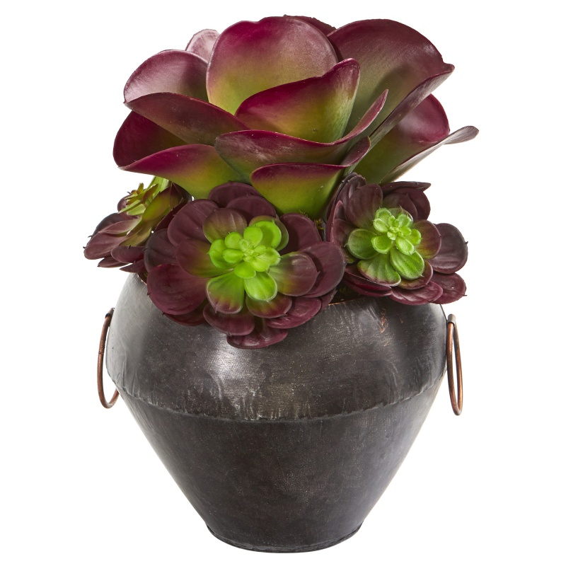 11” Echeveria And Succulent Artificial Plant In Metal Bowl