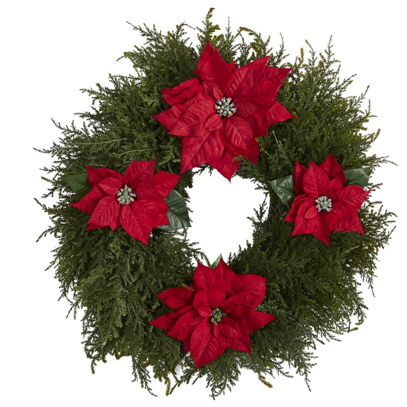 24” Cedar And Poinsettia Artificial Wreath