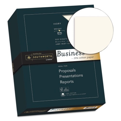 Southworth 25% Cotton Business Paper, 95 Bright, 24 Lb Bond Weight, 8.5 X 11, Ivory, 500 Sheets/Ream