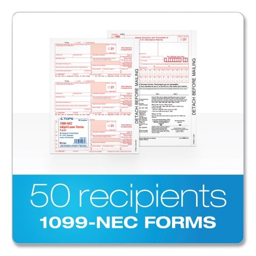 Tops Five-Part 1099-Nec Tax Forms, Fiscal Year: 2022, Five-Part Carbonless, 8.5 X 3.5, 3 Forms/Sheet, 50 Forms Total
