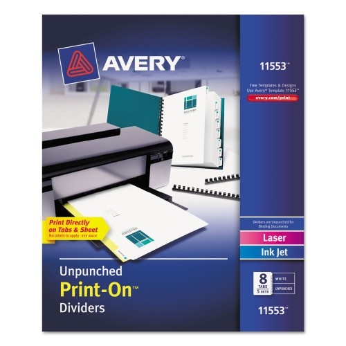 Avery Customizable Print-On Dividers, Unpunched, 8-Tab, 11 X 8.5, White, 5 Sets