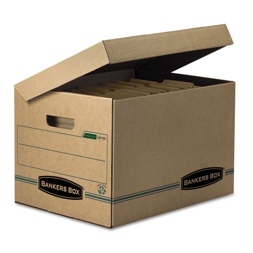 Bankers Box Systematic Basic-Duty Attached Lid Storage Boxes, Letter/Legal Files, Kraft/Green, 12/Carton