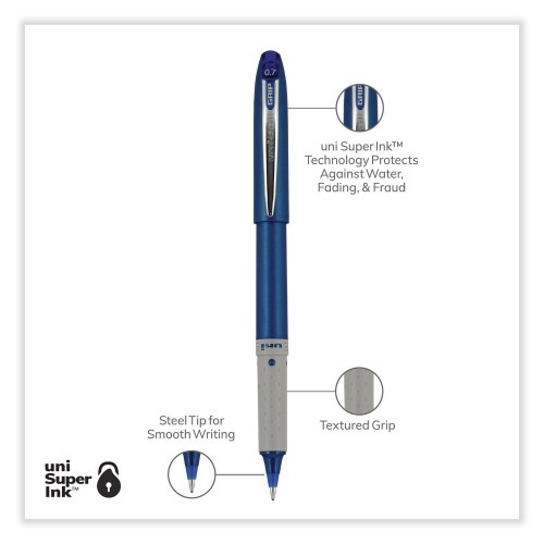 Uni-Ball Grip Roller Ball Pen, Stick, Fine 0.7 Mm, Blue Ink, Blue Barrel, Dozen