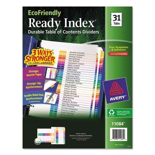Avery Customizable Table Of Contents Ready Index Dividers With Multicolor Tabs, 31-Tab, 1 To 31, 11 X 8.5, White, 1 Set