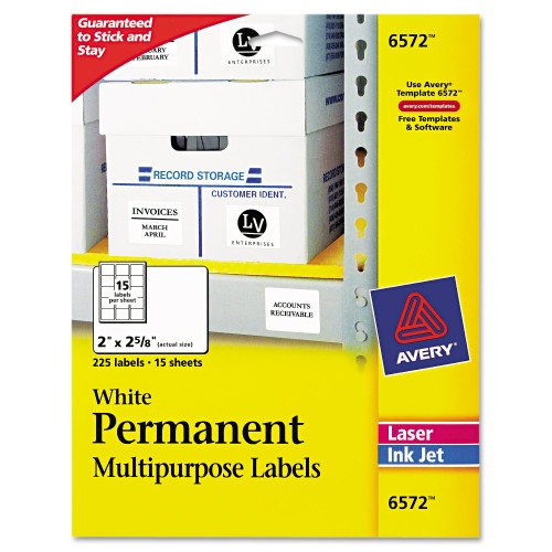Avery Permanent Id Labels W/ Sure Feed Technology, Inkjet/Laser Printers, 2 X 2.63, White, 15/Sheet, 15 Sheets/Pack (6572)