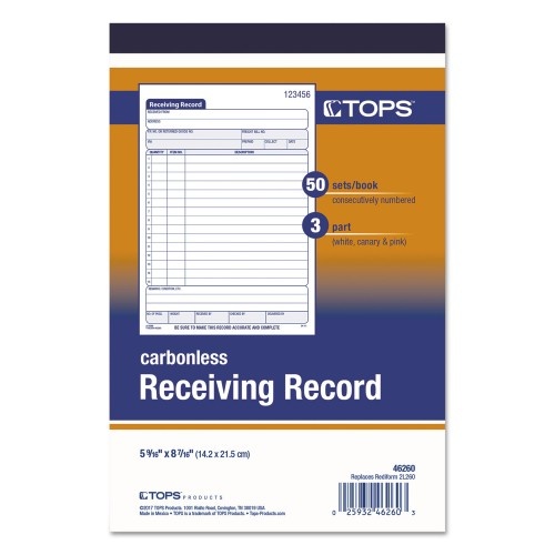 Tops Receiving Record Book, Three-Part Carbonless, 5.56 X 7.94, 50 Forms Total