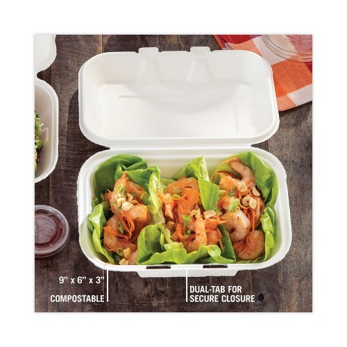 Pactiv Earthchoice Bagasse Hinged Lid Container, Dual Tab Lock, 9.1 X 6.1 X 3.3, Natural, Sugarcane, 150/Carton