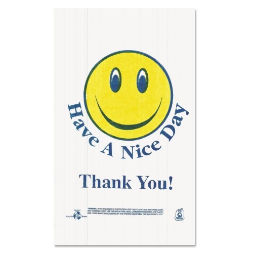 Barnes Paper Company Smiley Face Shopping Bags, 12.5 Microns, 11.5" X 21", White, 900/Carton