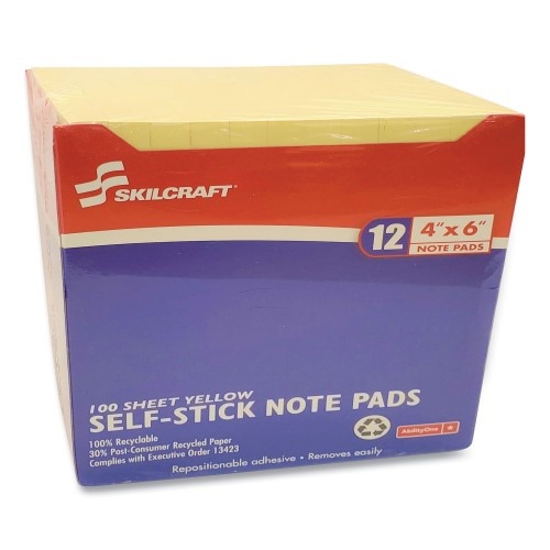 Abilityone 753001 Skilcraft Self-Stick Note Pads, 4" X 6", Unruled, Yellow, 100 Sheets, 1/Dz