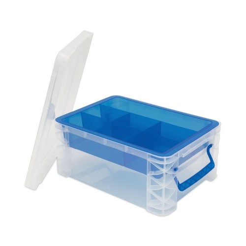 Advantus Super Stacker Divided Storage Box, Clear W/Blue Tray/Handles, 10.3 X 14.25X 6.5
