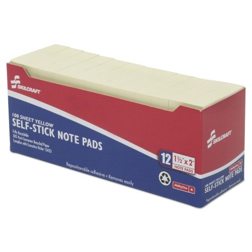 Abilityone 753001 Skilcraft Self-Stick Note Pads, 1 1/2 X 2, Unruled, Yellow, 100 Shts, Dozen