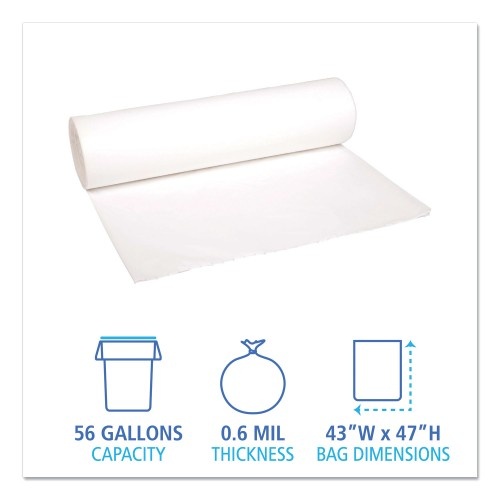 Boardwalk Low-Density Waste Can Liners, 56 Gal, 0.6 Mil, 43" X 47", White, 25 Bags/Roll, 4 Rolls/Carton