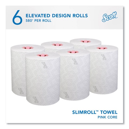 Scott Slimroll Towels, 1-Ply, 8" X 580 Ft, White/Pink Core, Traditional Business, 6 Rolls/Carton