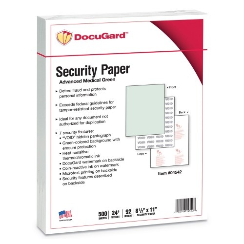 Docugard Medical Security Papers, 24 Lb Bond Weight, 8.5 X 11, Green, 500/Ream