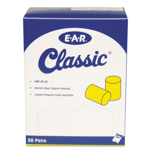 3M E-A-R Classic Earplugs, Pillow Paks, Cordless, Pvc Foam, Yellow, 30 Pairs/Box
