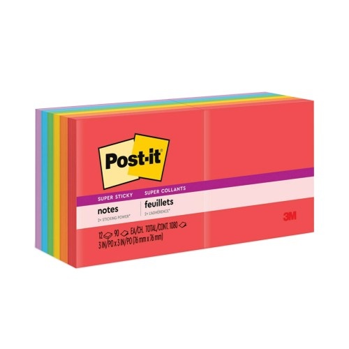 Post-It Pads In Playful Primary Collection Colors, 3" X 3", 90 Sheets/Pad, 12 Pads/Pack