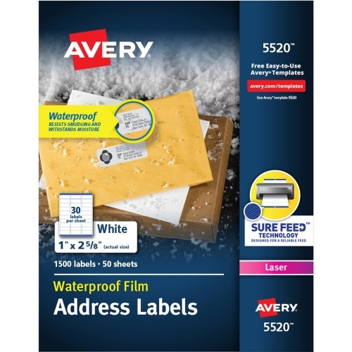 Avery Waterproof Address Labels With Trueblock And Sure Feed, Laser Printers, 1 X 2.63, White, 30/Sheet, 500 Sheets/Box
