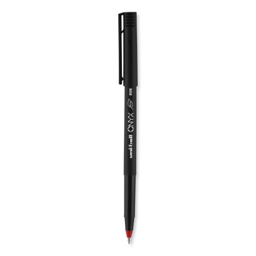Uni-Ball Onyx Roller Ball Pen, Stick, Micro 0.5 Mm, Red Ink, Black Matte Barrel, Dozen