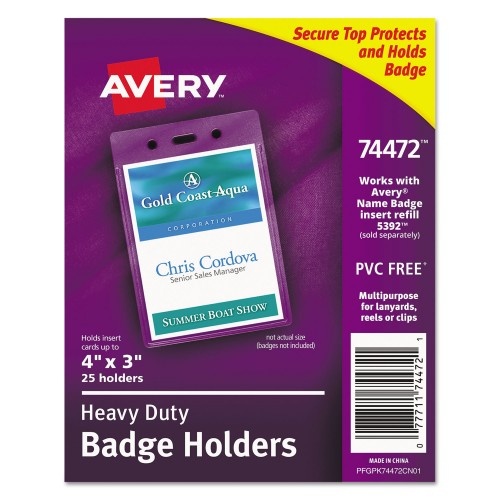 Avery Secure Top Heavy-Duty Badge Holders, Vertical, 3W X 4H, Clear, 25/Pack