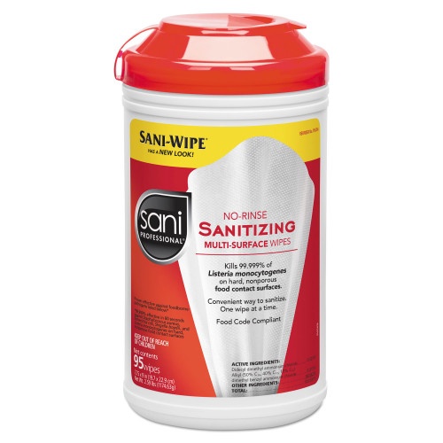 No-Rinse Sanitizing Multi-Surface Wipes, Unscented, White, 95/Container, 6/Carton