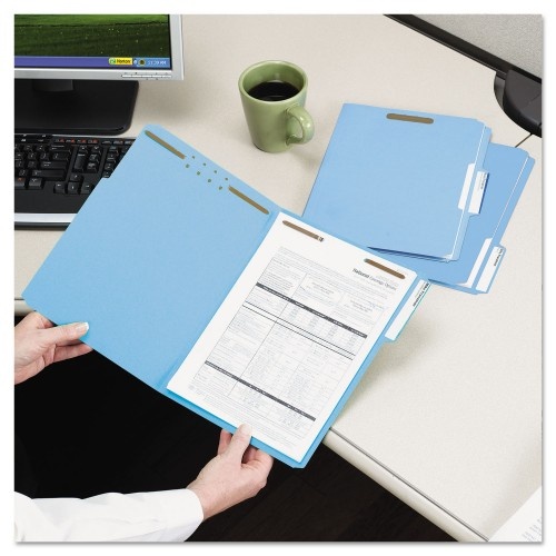 Smead Top Tab Colored Fastener Folders, 0.75" Expansion, 2 Fasteners, Letter Size, Blue Exterior, 50/Box