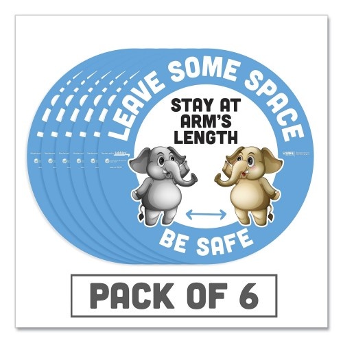 Tabbies Besafe Messaging Education Floor Signs, Leave Some Space; Stay At Arms Length; Be Safe, 12" Dia, White/Blue, 6/Pack