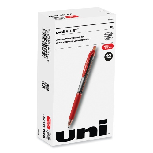 Uni-Ball Signo Gel Pen, Retractable, Medium 0.7 Mm, Red Ink, Red/Metallic Accents Barrel, Dozen