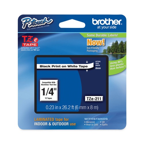 Brother Tze Standard Adhesive Laminated Labeling Tape, 0.23" X 26.2 Ft, Black On White