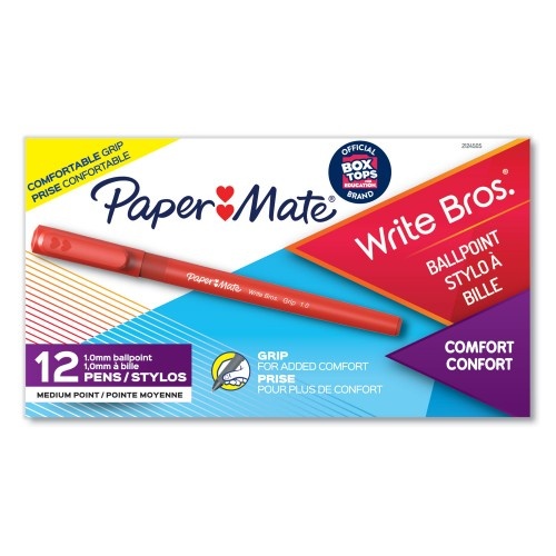 Paper Mate Write Bros. Grip Ballpoint Pen, Stick, Medium 1 Mm, Red Ink, Red Barrel, Dozen