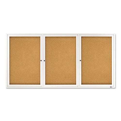 Quartet Enclosed Indoor Cork Bulletin Board With Three Hinged Doors, 72 X 36, Tan Surface, Silver Aluminum Frame