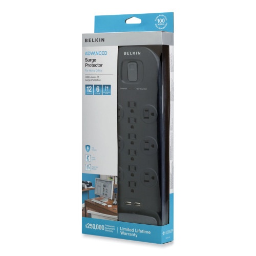Belkin Home/Office Surge Protector, 12 Ac Outlets, 6 Ft Cord, 3,996 J, White/Black