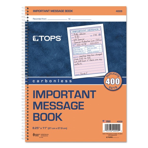 Tops Telephone Message Book With Fax/Mobile Section, Two-Part Carbonless, 3.88 X 5.5, 4 Forms/Sheet, 400 Forms Total
