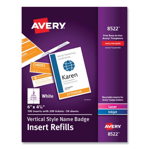 Avery Name Badge Insert Refills, Vertical, 4 1/4 X 6, White, 100/Pack