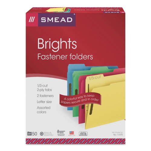 Smead Top Tab Colored Fastener Folders, 0.75" Expansion, 2 Fasteners, Letter Size, Assorted Colors, 50/Box