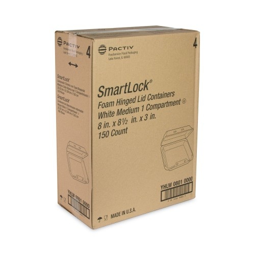 Pactiv Smartlock Foam Hinged Lid Container, Medium, 8 X 8 X 3, White, 150/Carton