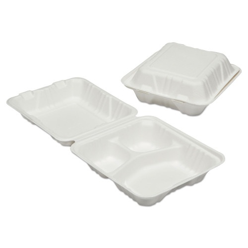 Abilityone 7350016646909, Skilcraft Clamshell Hinged Lid Togo Food Containers, 3 Compartment, 8 X 8 X 3, White, Paper, 200/Box