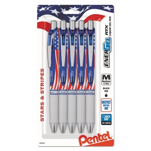Pentel Energel Rtx Retractable Gel Pen, 0.7Mm, Black Ink, Red/White/Blue Barrel, 5/Pack