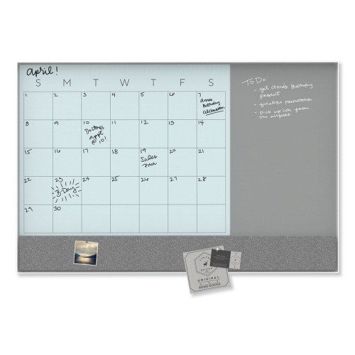 U Brands 3N1 Magnetic Glass Dry Erase Combo Board, 47 X 35, Month View, Gray/White Surface, White Aluminum Frame