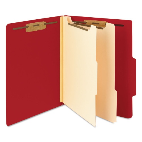 Smead Top Tab Classification Folders, Six Safeshield Fasteners, 2" Expansion, 2 Dividers, Letter Size, Red Exterior, 10/Box