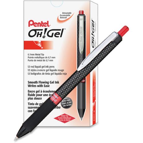 Pentel Oh! Gel Pen, Retractable, Medium 0.7 Mm, Red Ink, Black Barrel, Dozen