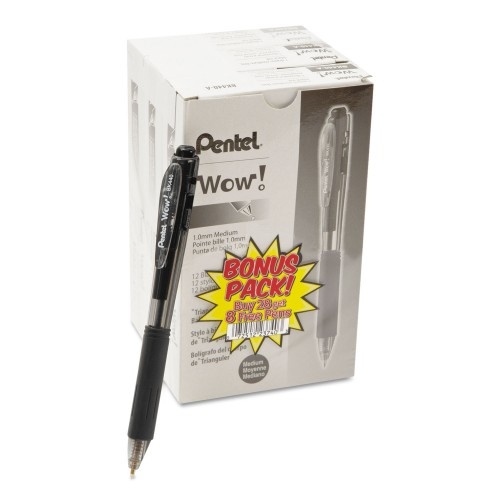 Pentel Wow! Ballpoint Pen Value Pack, Retractable, Medium 1 Mm, Black Ink, Black Barrel, 36/Pack