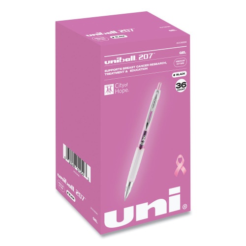 Uni-Ball 207 Office Pack Gel Pen, Retractable, Medium 0.7 Mm, Black Ink, Pink Barrel, 36/Pack