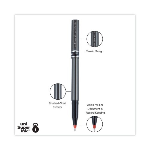 Uni-Ball Deluxe Roller Ball Pen, Stick, Micro 0.5 Mm, Red Ink, Metallic Gray Barrel, Dozen