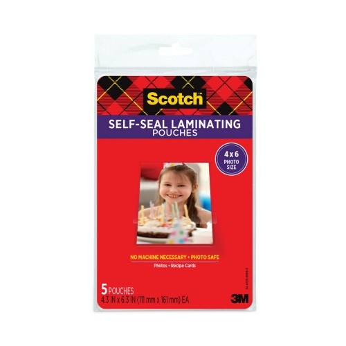 Scotch Self-Sealing Laminating Pouches, 9.5 Mil, 4.38" X 6.38", Gloss Clear, 5/Pack