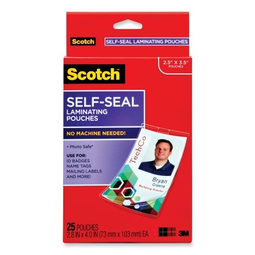 Scotch Self-Sealing Laminating Pouches, 12.5 Mil, 2.31" X 4.06", Gloss Clear, 25/Pack