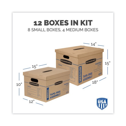 Bankers Box Smoothmove Classic Moving/Storage Box Kit, Half Slotted Container , Assorted Sizes: Small, Med, Brown/Blue,12/Ct